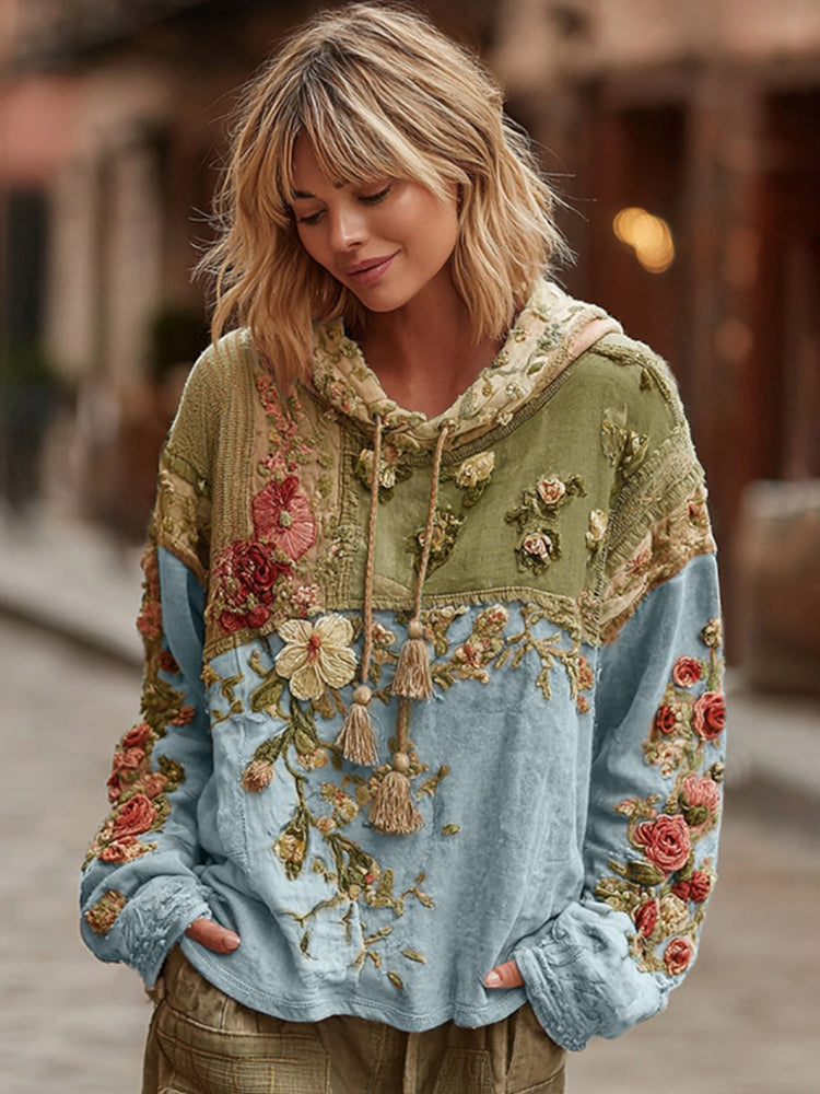 Women's Floral Embroidery Color Block Boho Casual Hooded Sweatshirt